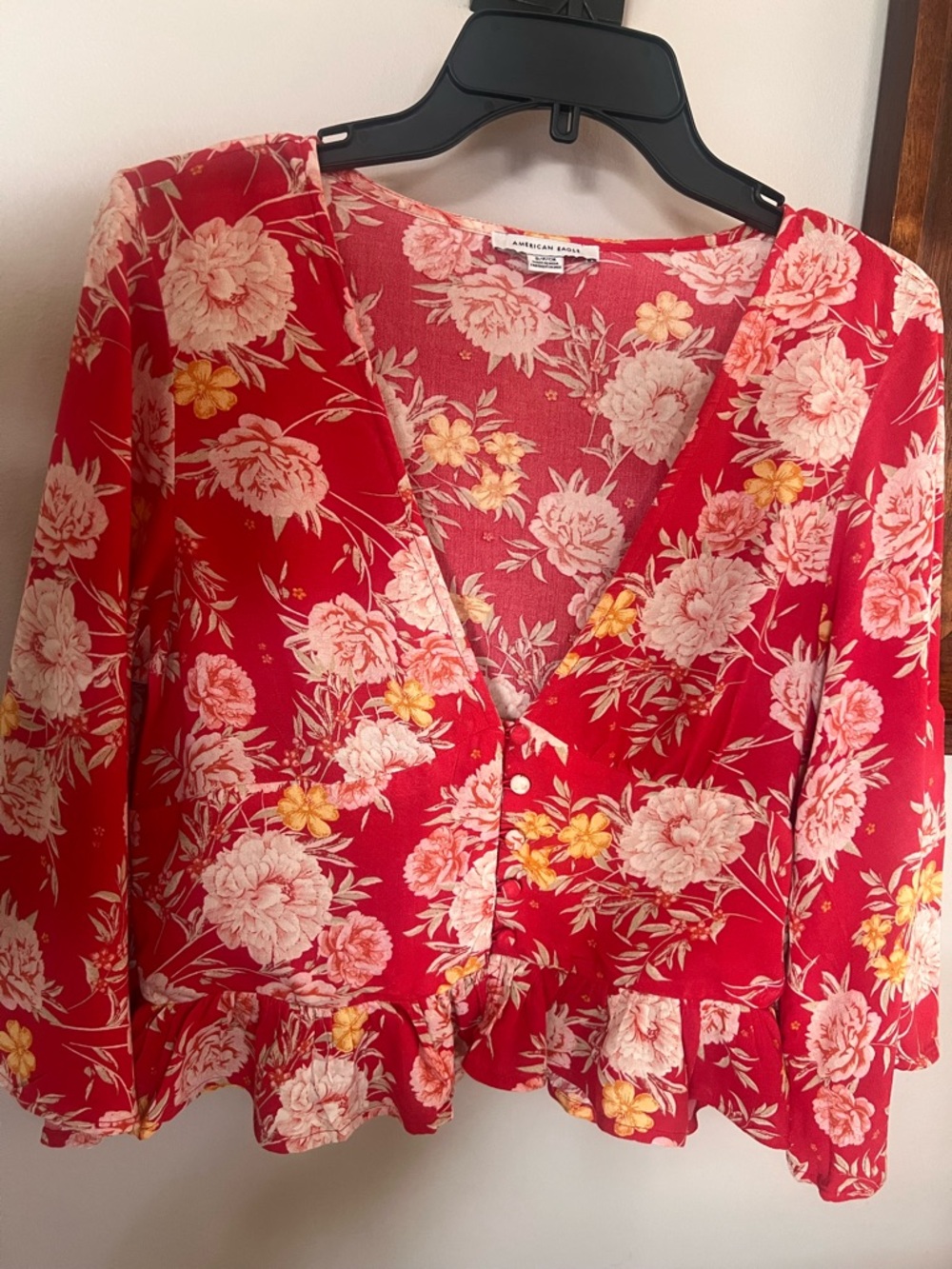 American Eagle Outfitters Red Floral V-Neck Peplum Top